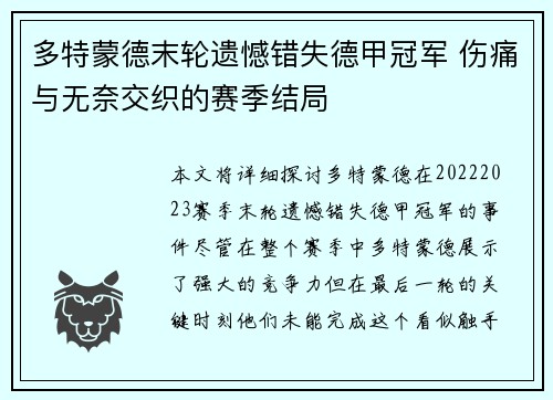 多特蒙德末轮遗憾错失德甲冠军 伤痛与无奈交织的赛季结局