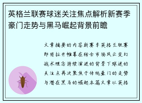 英格兰联赛球迷关注焦点解析新赛季豪门走势与黑马崛起背景前瞻